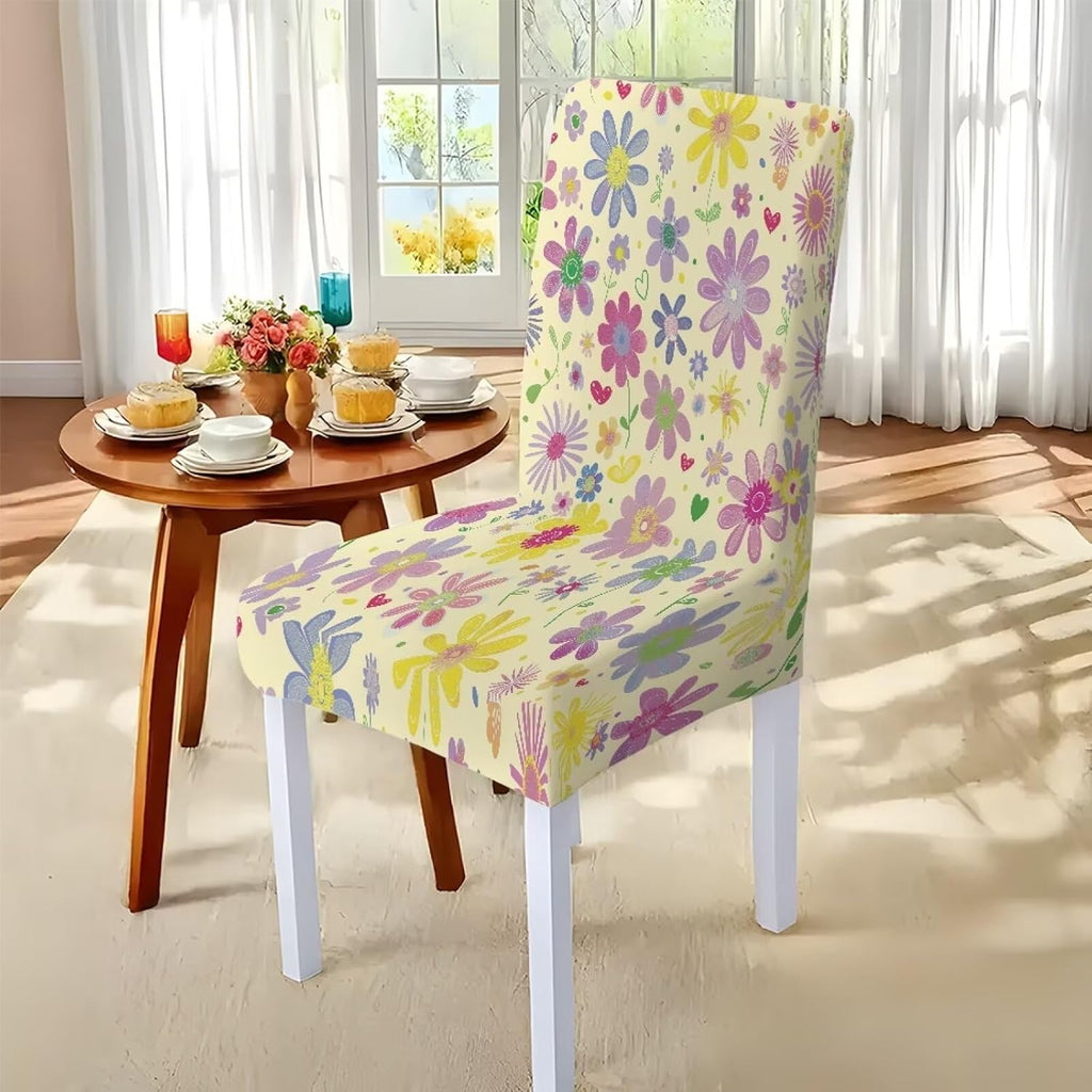 Table Cloth Rectangle Table Set of 7 Include Kitchen Chair Covers and Tablecloths for Dining Room Hotel Banquet, Anti-Scratch Chair Seat Protector Cover, Daisy Hippie Flower Print