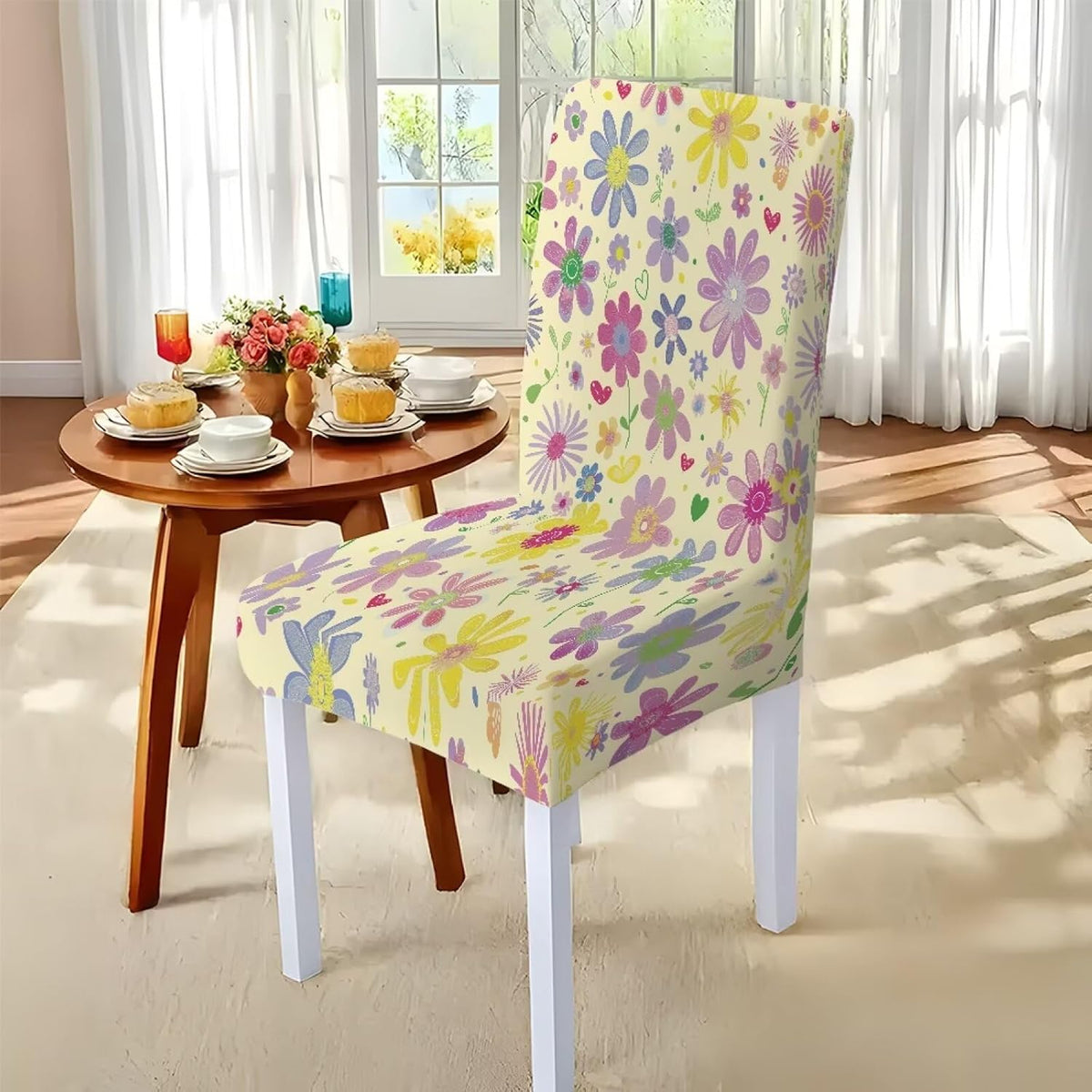 Table Cloth Rectangle Table Set of 7 Include Kitchen Chair Covers and Tablecloths for Dining Room Hotel Banquet, Anti-Scratch Chair Seat Protector Cover, Daisy Hippie Flower Print