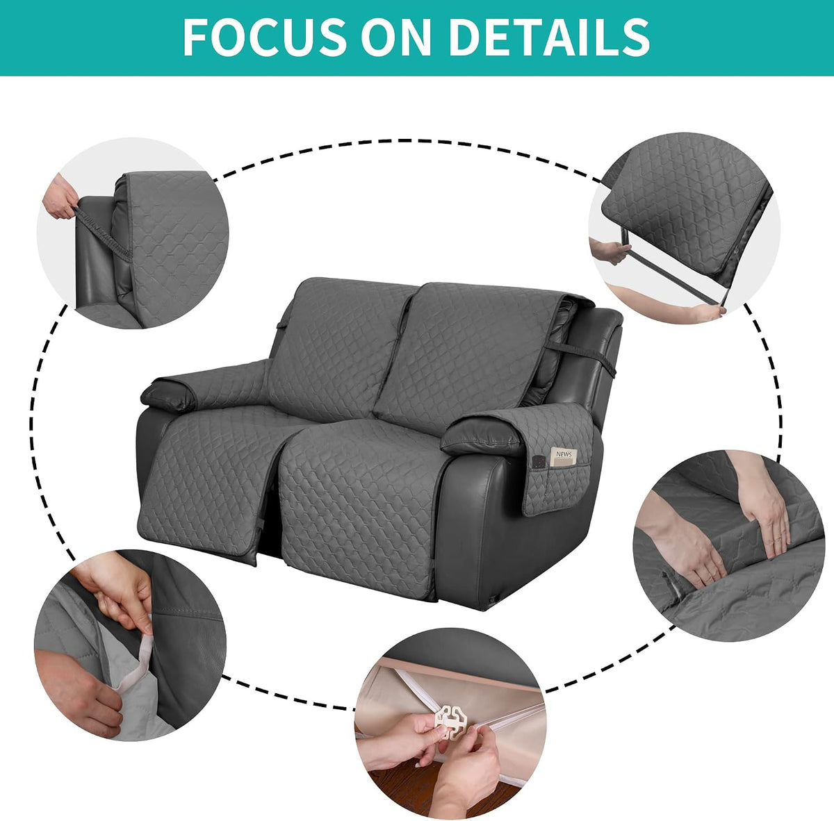 Easy-Going Waterproof Recliner Loveseat Sofa Cover with Pocket, 1-Piece Reversible Couch Cover for 2 Seat Recliner, Protector with Elastic Straps for Pets(Recliner Loveseat, Gray/Light Gray)