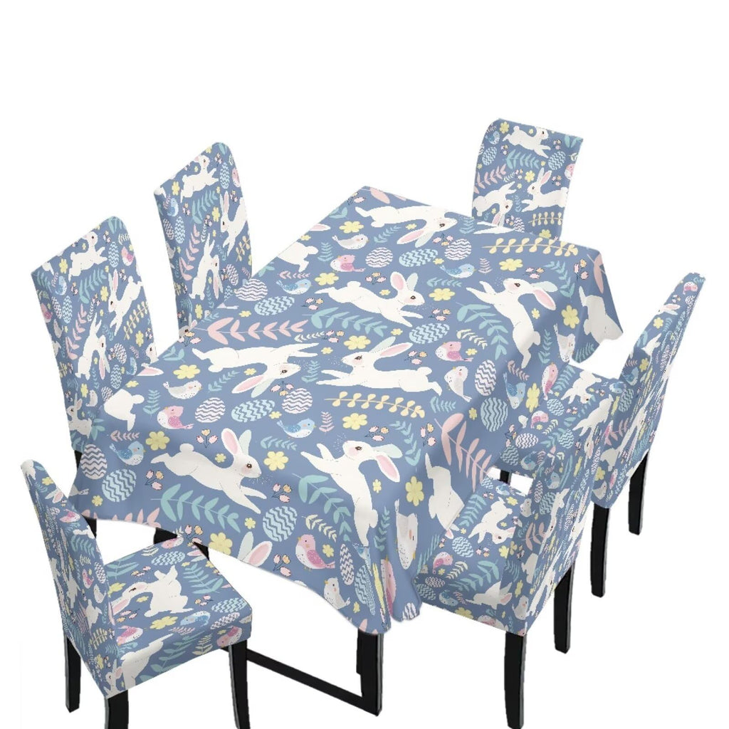 ZDCUSTOM Easter Table and Chair Covers for Parties Purple Bunny Dining Chairs Cover Daisy Tablecloths Rectangular for Easter Party