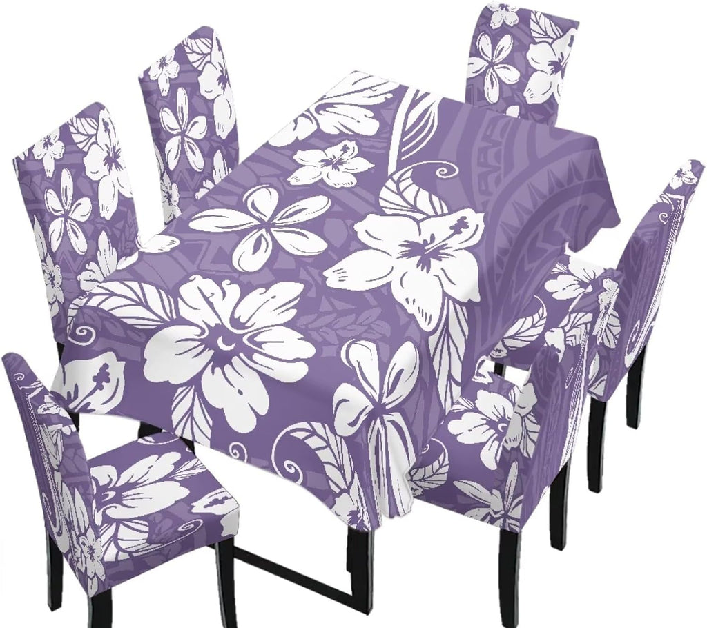 Polynesia Dining Room Chair Cover with Tablecloths 5 Pack, Scratch-Resistant Washable Parsons Chair Slipcovers Removable Table Cloth for Kitchen, Plumeria Floral Monstera Leaf Print Blue