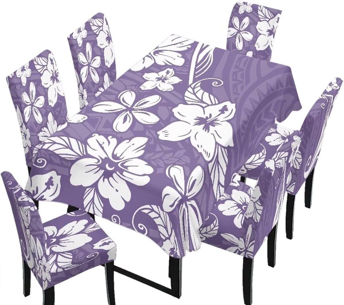 Polynesia Dining Room Chair Cover with Tablecloths 5 Pack, Scratch-Resistant Washable Parsons Chair Slipcovers Removable Table Cloth for Kitchen, Plumeria Floral Monstera Leaf Print Blue