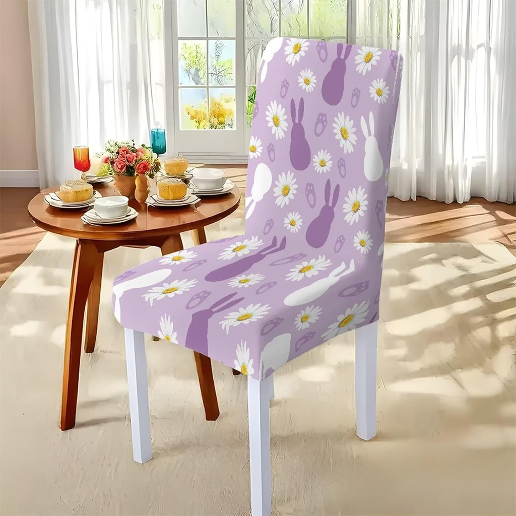 ZDCUSTOM Easter Table and Chair Covers for Parties Purple Bunny Dining Chairs Cover Daisy Tablecloths Rectangular for Easter Party