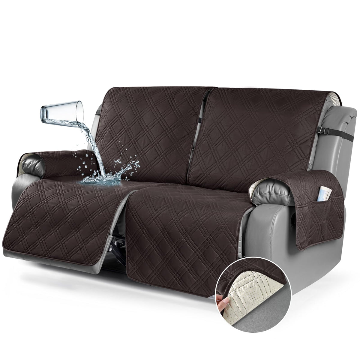 TAOCOCO 100% Waterproof Oversized Loveseat Recliner Cover, Non Slip Split Couch Covers for Reclining Loveseat with Elastic Straps for Kids Pets(Oversized 2 Seater, Chocolate)