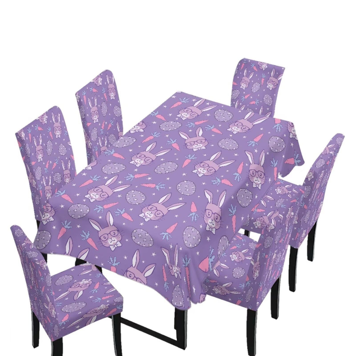 Table Cloth Rectangle Table Set of 5 Include Kitchen Chair Covers and Tablecloths for Dining Room Easter Decor, Anti-Scratch Chair Seat Protector Cover, Blue Cartoon Rabbit Carrot Dot