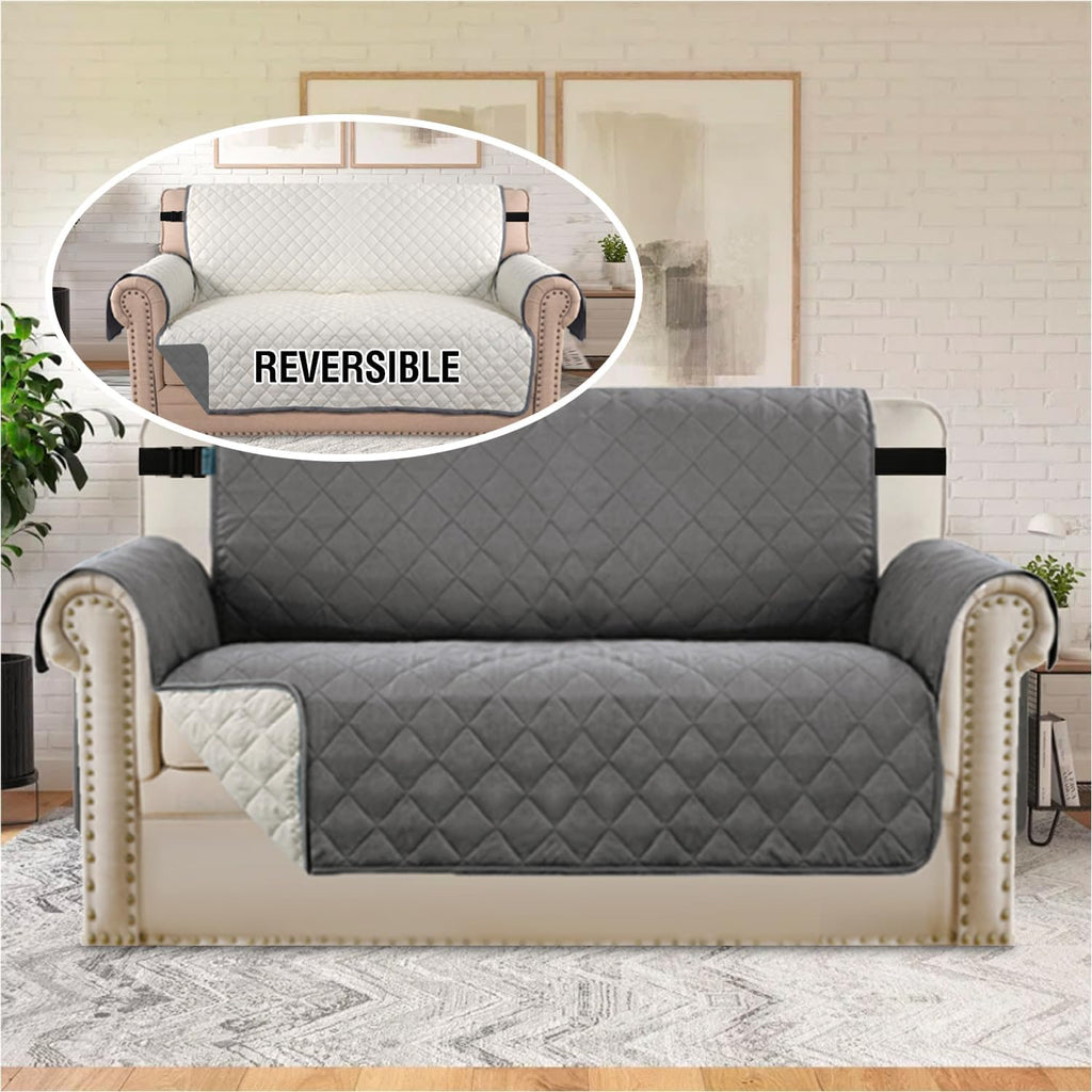 H.VERSAILTEX Reversible Couch Cover for 2 Cushion Couch Water Resistant Loveseat Washable Furniture Cover with Non-Slip Elastic Strap for Dogs, Pets, Kids(Oversized Loveseat, Charcoal Grey)
