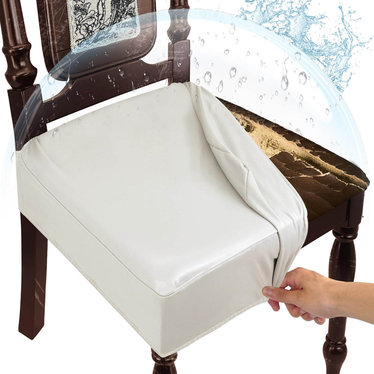 Waterproof Dining Chair Seat Covers Leather Kitchen Seat Covers, Stain Resistant Stretch Chair Seat Covers for Dining Room Chairs Set of 4, Rear Covered Washable Dining Chair Covers Black