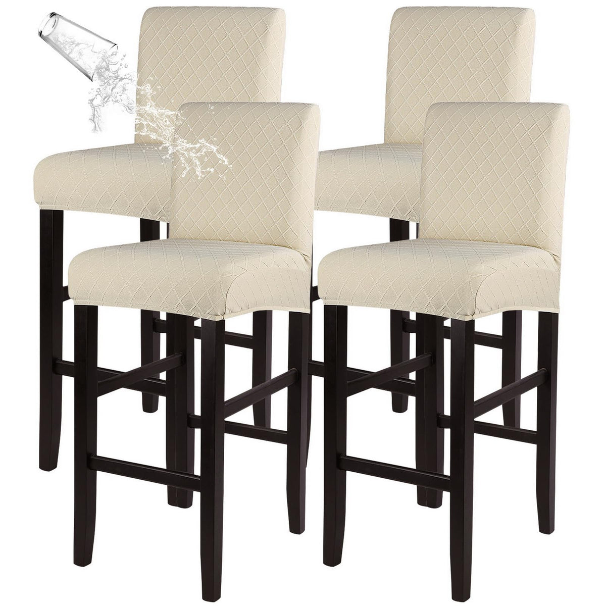 SearchI Bar Stool Covers Set of 4, Stretch Washable Barstool Seat Covers, Counter Height Chair Covers for Kitchen Dining Room Cafe (Beige Linen-Look Print)