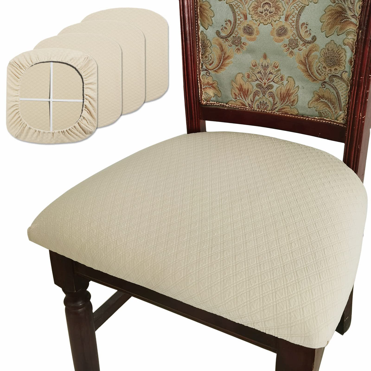 BUYUE Dining Room Chair Seat Covers Set of 6, TPU not Mixed, Friendly Jacquard Fabric Stretch Washable Slipcover for Kitchen Seat Cushions, Beige-6PCS