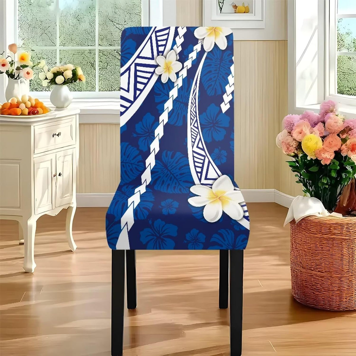 Polynesia Dining Room Chair Cover with Tablecloths 5 Pack, Scratch-Resistant Washable Parsons Chair Slipcovers Removable Table Cloth for Kitchen, Plumeria Floral Monstera Leaf Print Blue