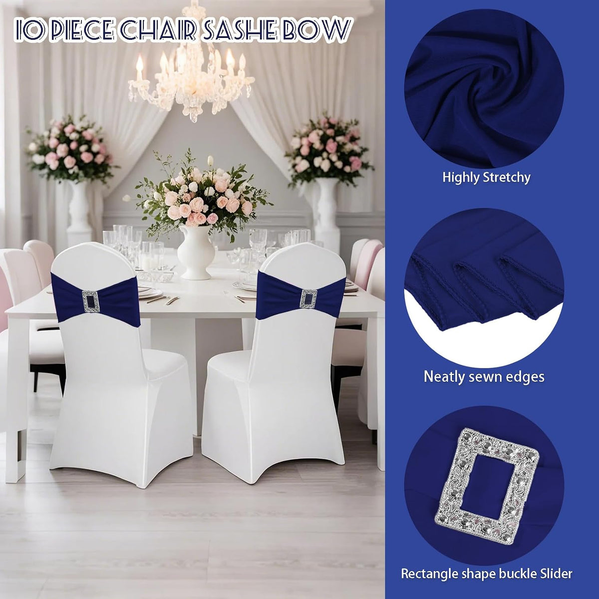 100 Pack Spandex Stretch Chair Sashes Bows Elastic Chair Cover Bands Ties with Buckle Slider for Wedding Party Banquet Restaurant Baby Shower Chairs Decorations (Navy Blue)