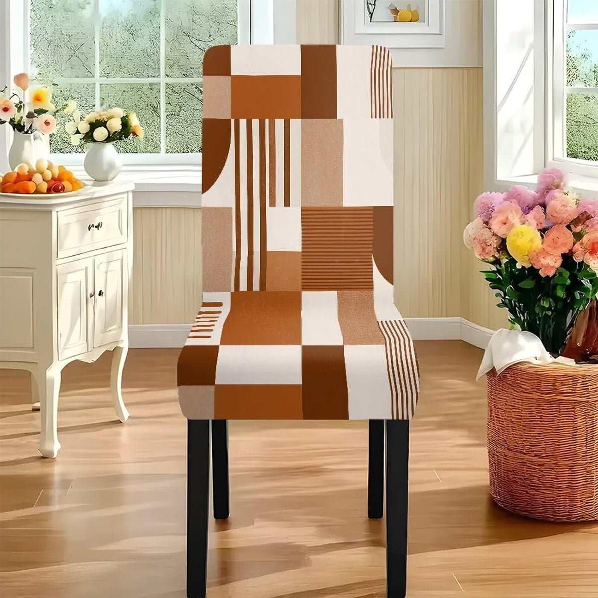 Dining Seat Slipcovers Set of 7 Includes Tablecloths, Removable Dining Room Chair Covers Stain Resistant Table Protector for Home Restaurant, Light Brown Beige Geometry Patchwork
