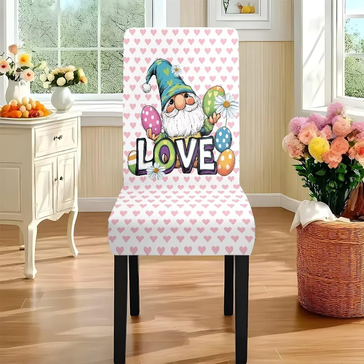 Dining Seat Slipcovers for Easter Decor Set of 7 Includes Tablecloths and Stretch Removable Dining Room Chair Covers Stain Resistant Table Protector, Easter Egg Love Heart Gnome Print