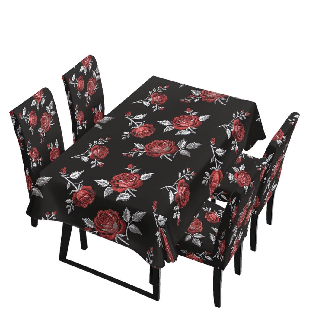Dining Room Chair Cover and Tablecloths 7 Pack, Stain Resistant Stretch Kitchen Chair Seat Slipcovers Anti-Wrinkle Table Protector for Party, Pastoral Rose Flower Stripes Print Green