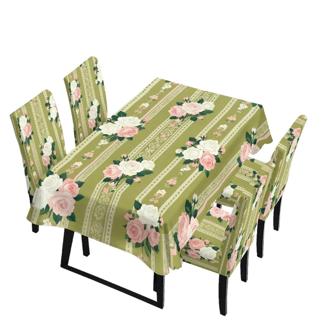 Dining Room Chair Cover and Tablecloths 7 Pack, Stain Resistant Stretch Kitchen Chair Seat Slipcovers Anti-Wrinkle Table Protector for Party, Pastoral Rose Flower Stripes Print Green