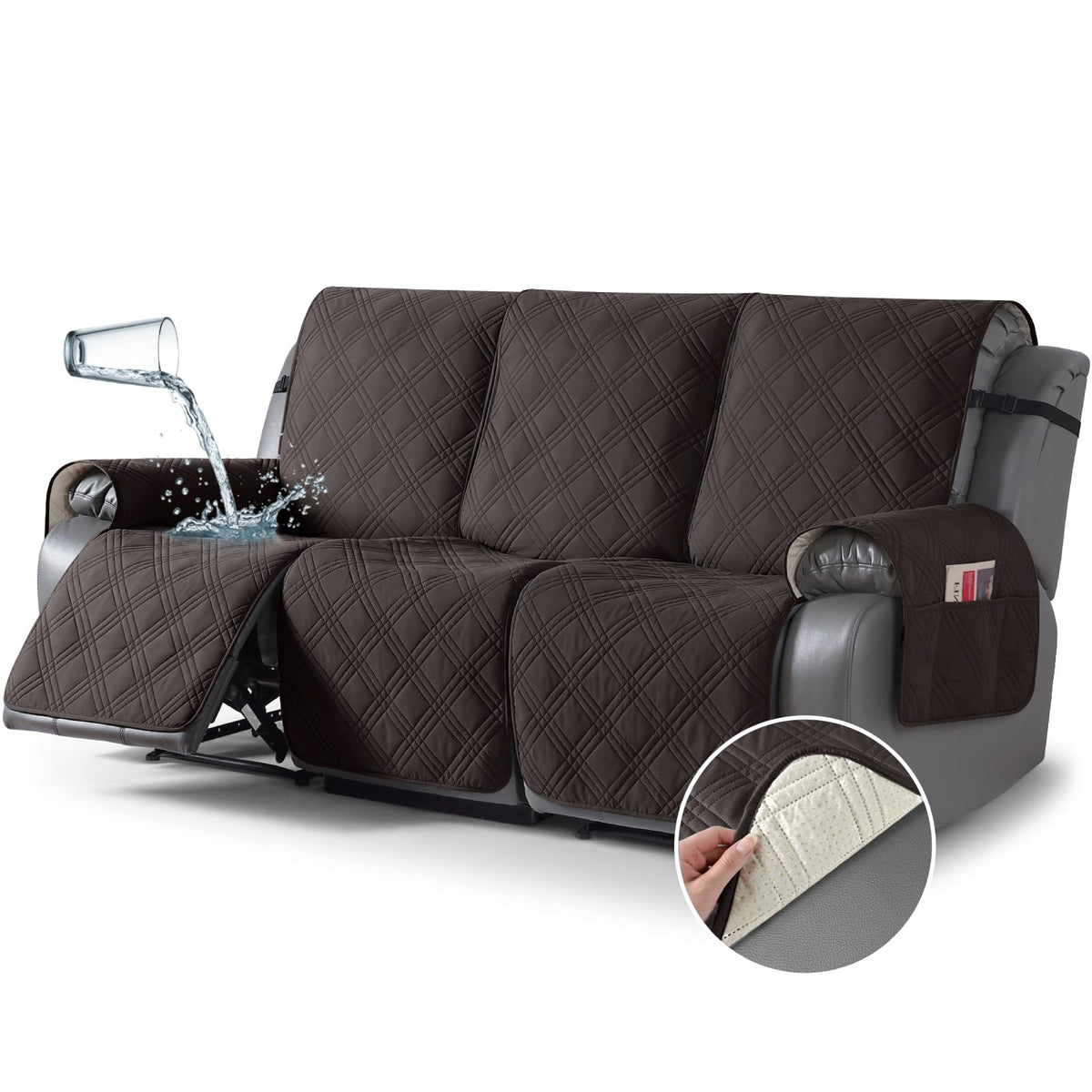 TAOCOCO 100% Waterproof Oversized Loveseat Recliner Cover, Non Slip Split Couch Covers for Reclining Loveseat with Elastic Straps for Kids Pets(Oversized 2 Seater, Chocolate)