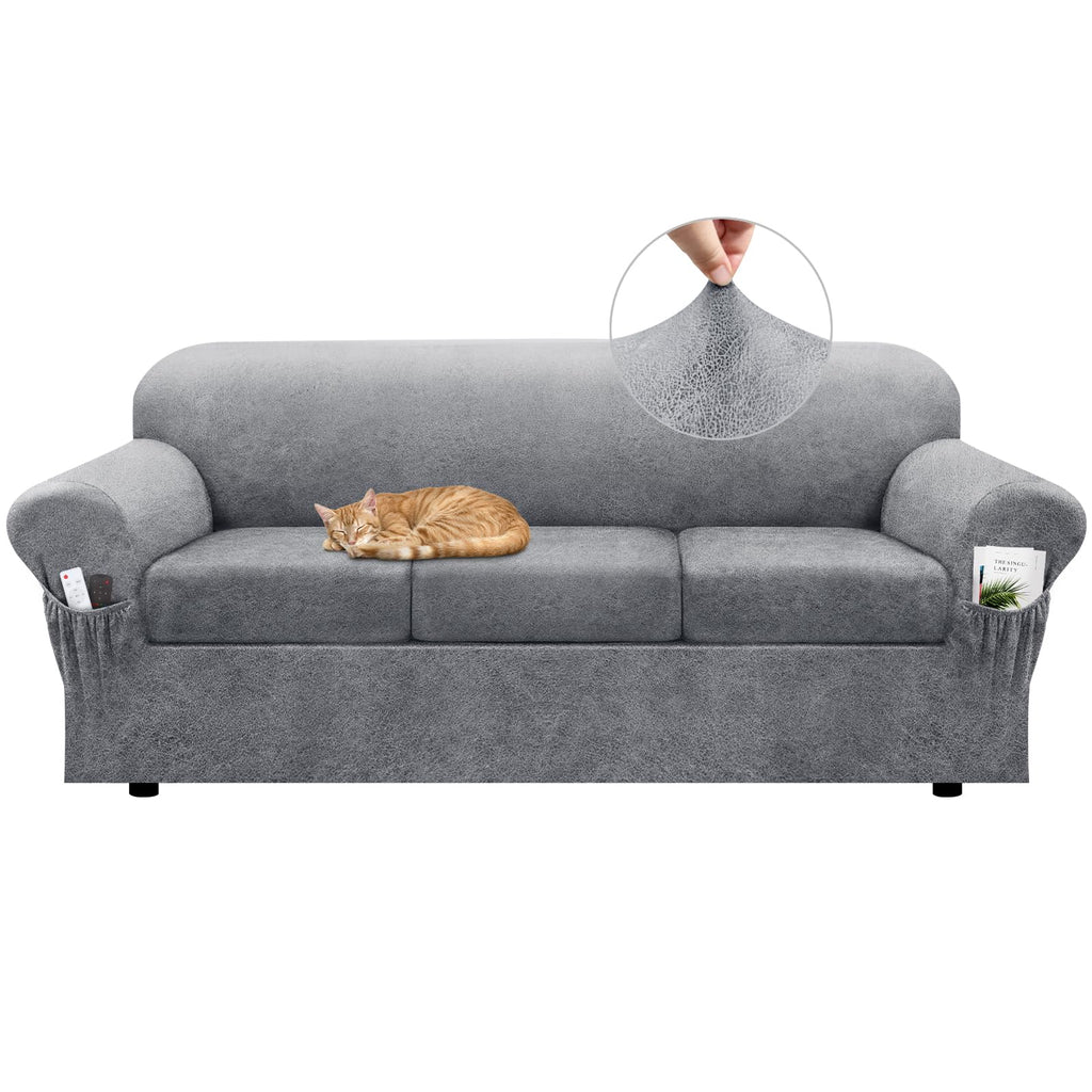 Loveseat Slipcover with Armrest Pockets 3-Piece Set, Stretch Faux Leather Love Seat Covers for 2-Cushion Couches(Fits 58-66") - Non-Slip, Machine Washable, Pet & Kid Friendly - Beige