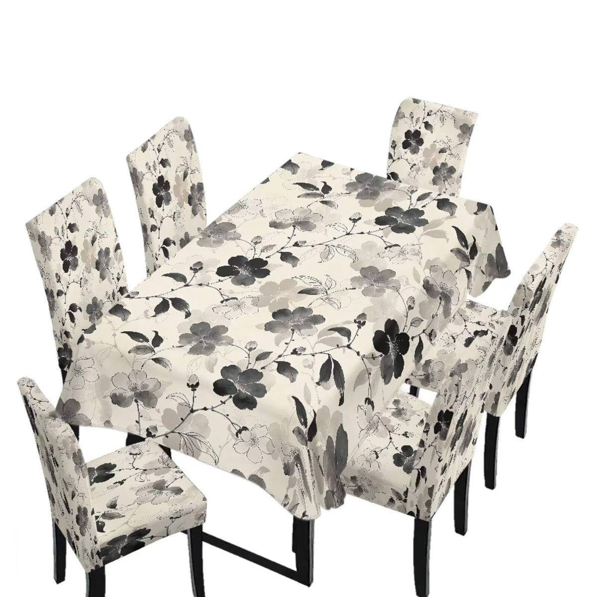 Table Cloth Rectangle Table Set of 7 Include Dining Chair Covers and Tablecloths for Dining Room Kitchen Banquet, Anti-Scratch Chair Seat Cover, Fluid Marble Print Green Gold Brown