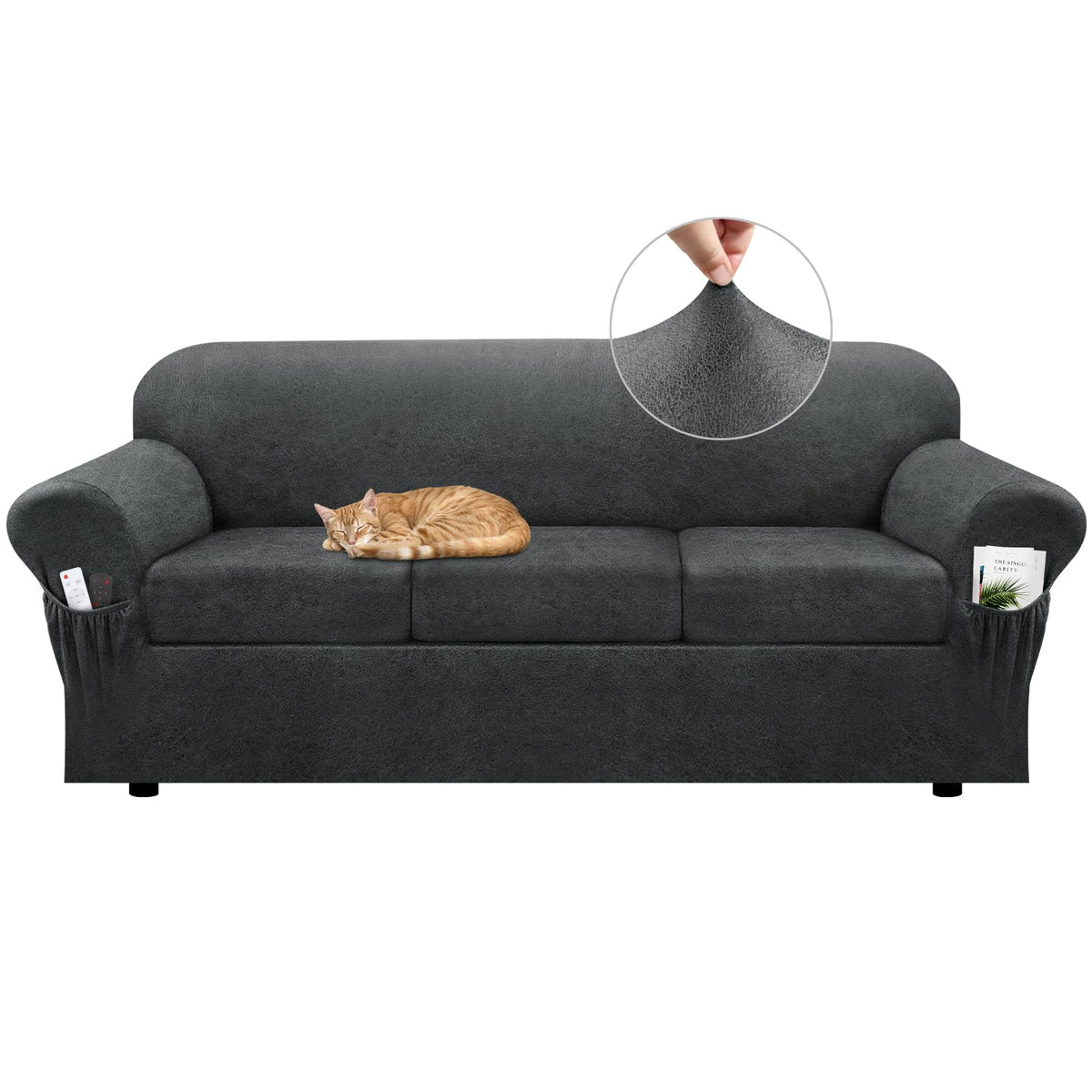 Loveseat Slipcover with Armrest Pockets 3-Piece Set, Stretch Faux Leather Love Seat Covers for 2-Cushion Couches(Fits 58-66") - Non-Slip, Machine Washable, Pet & Kid Friendly - Beige