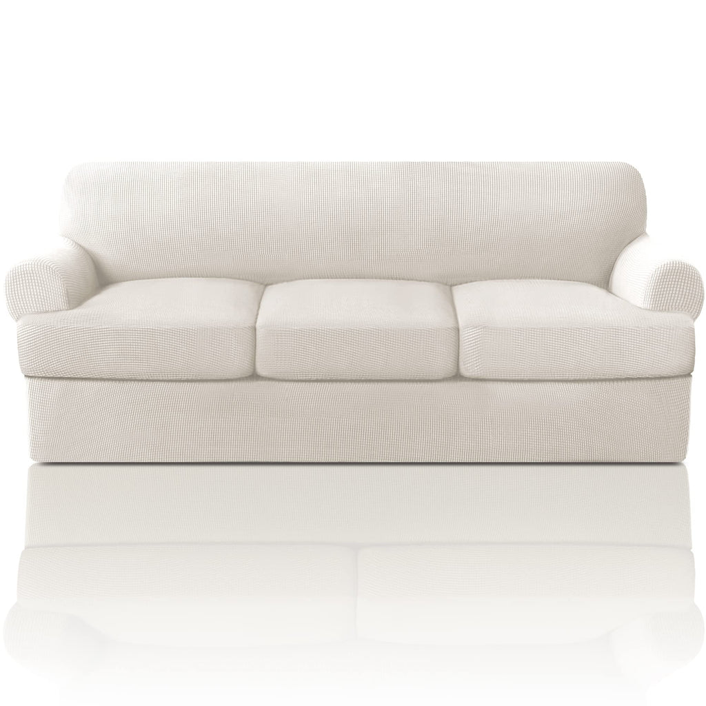 PrinceDeco T Cushion Loveseat Slipcover - 3 Pieces Sofa Cover for 2 Cushion Couch with 2 Individual T Shape Seat Covers Width Up to 76 Inch - Stretch, Machine Washable, Porcelain