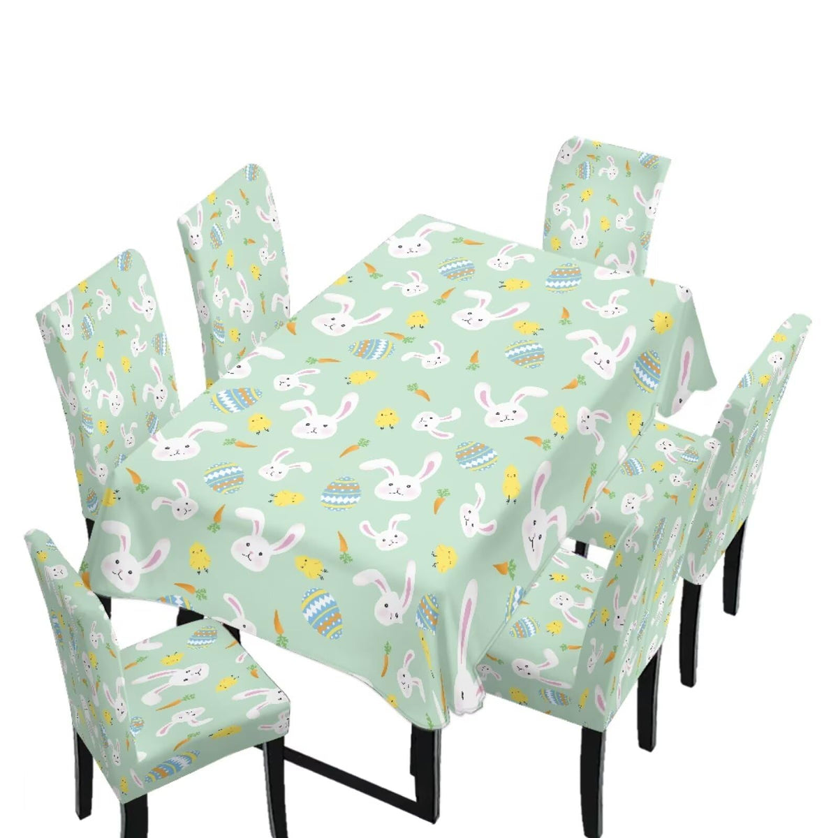 Table Cloth Rectangle Table Set of 5 Include Kitchen Chair Covers and Tablecloths for Dining Room Easter Decor, Anti-Scratch Chair Seat Protector Cover, Blue Cartoon Rabbit Carrot Dot