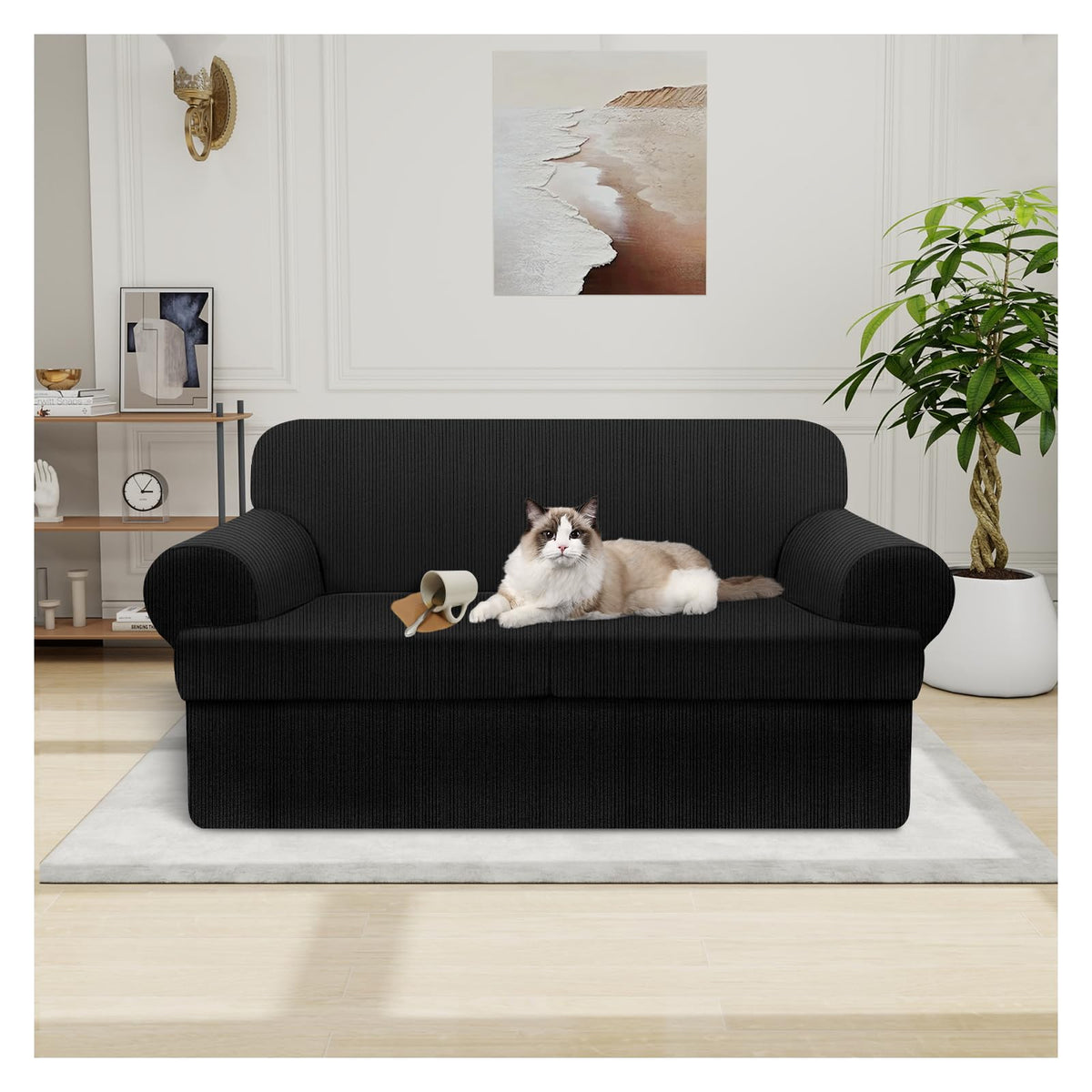100% WaterproofLoveseat Cover 3-Piece Set Striped Loveseat Slipcovers for 2 Cushion Couch Sofa Covers with TPU Leakproof Bottom Stretch Couch Protector Pet Proof - Loveseat, Navy