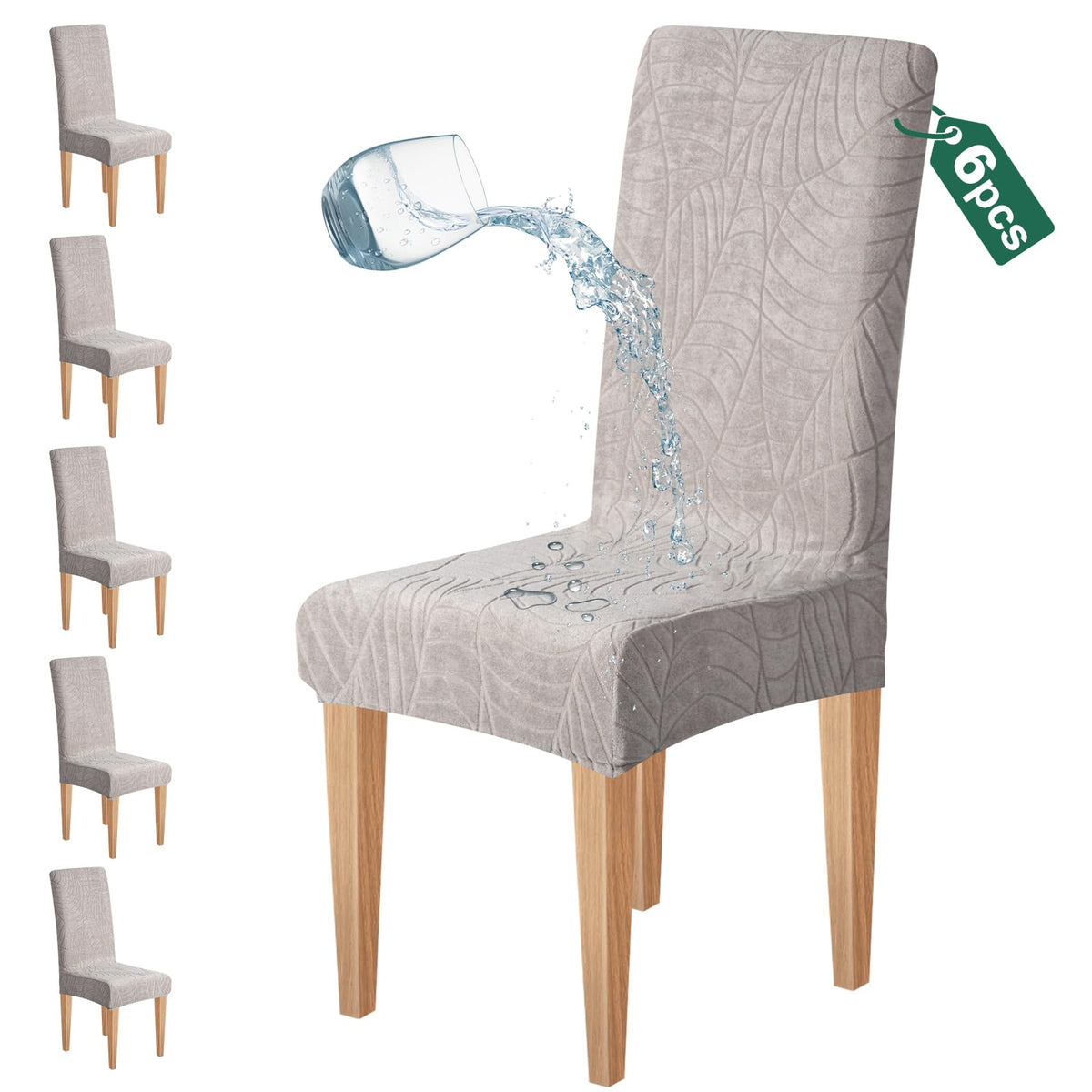 Dioxide Waterproof Chair Covers for Dining Chairs, Stretch Dining Chair Covers Set of 6, Parson Chair Slipcovers, Washable Kitchen Chairs Seat Covers Protectors for Home Restaurant Banquet - Beige