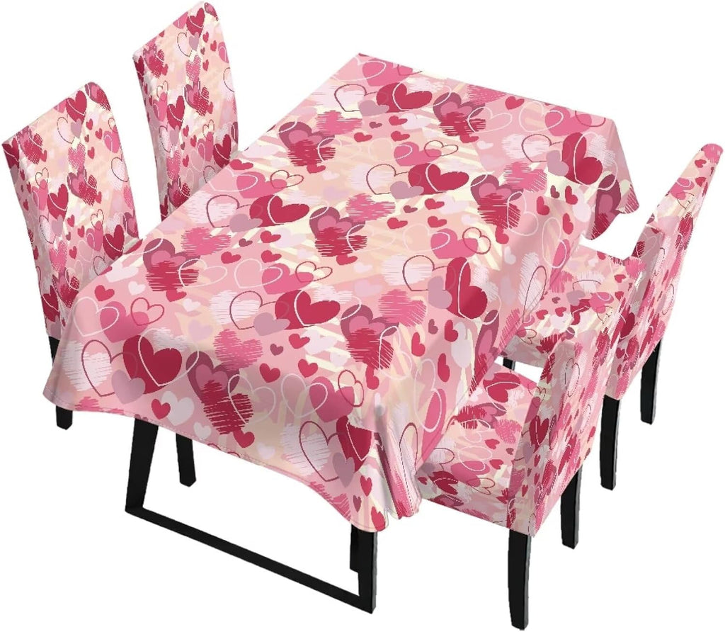 ZDCUSTOM Valentines Table Cloth and Chair Cover Set of 4 Romantic Tablecloths Rectangular Pink Chair Covers for Dining Chairs Stain Resistant Decoration