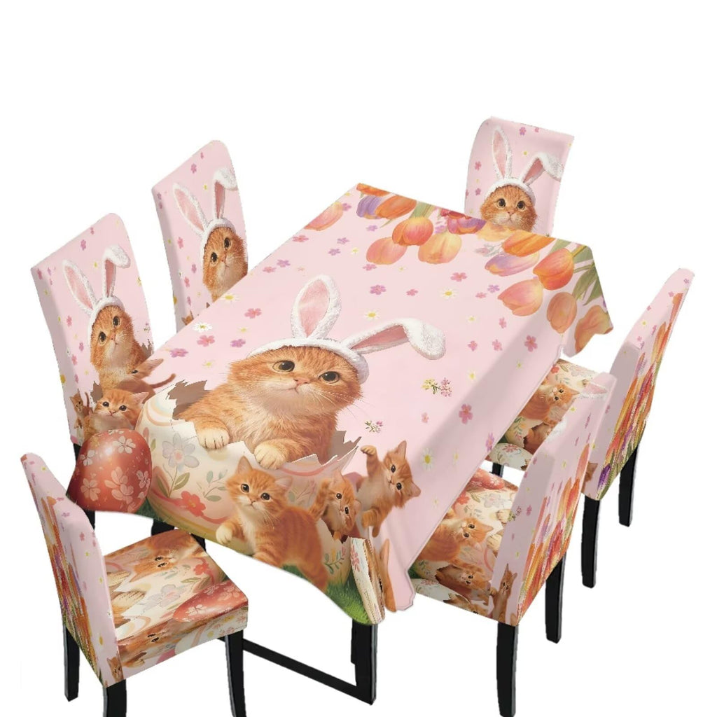 Table Cloth and Dining Chair Covers Set of 5, Kitchen Chair Slipcovers Rectangle Table Cover, Removable Anti-dust Tablecloths Stain Resistant Soft Hotel Decor, Retro Geometry Flower
