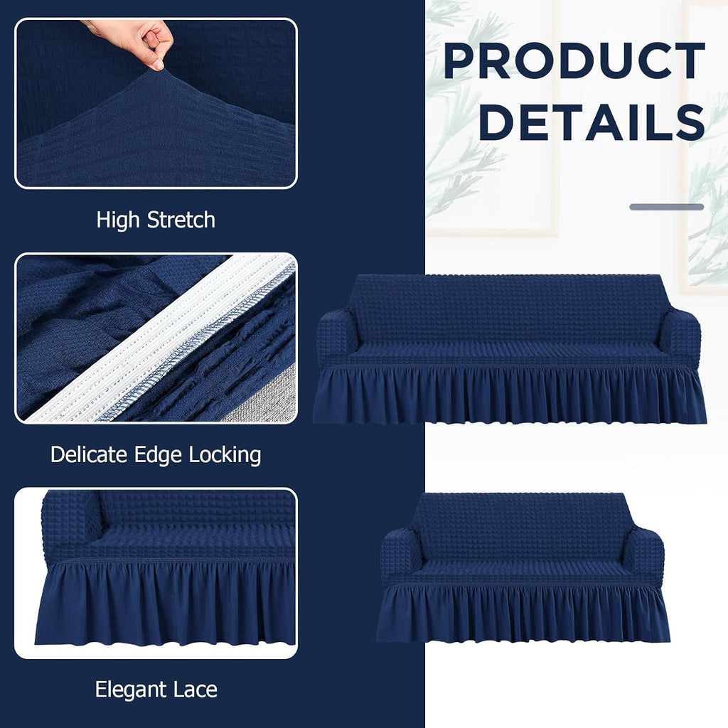 Fanfanwin 2 Pcs Sofa and Loveseat Slipcover Set with Skirt, Navy Blue