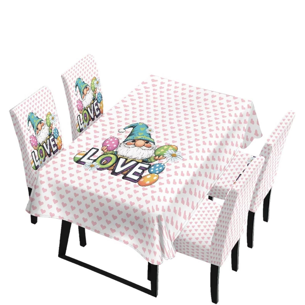Dining Seat Slipcovers for Easter Decor Set of 7 Includes Tablecloths and Stretch Removable Dining Room Chair Covers Stain Resistant Table Protector, Easter Egg Love Heart Gnome Print