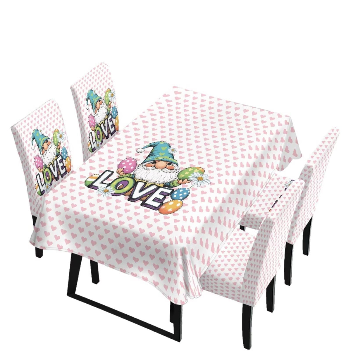 Dining Seat Slipcovers for Easter Decor Set of 7 Includes Tablecloths and Stretch Removable Dining Room Chair Covers Stain Resistant Table Protector, Easter Egg Love Heart Gnome Print