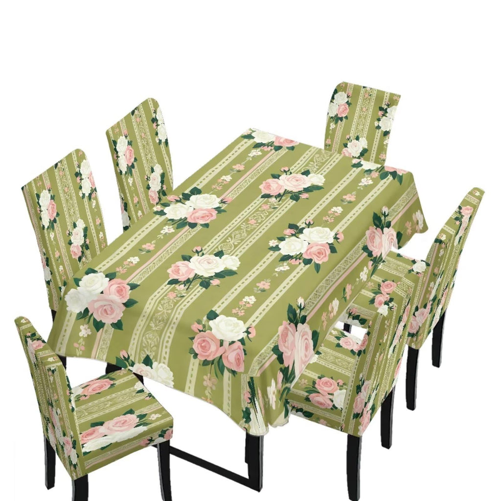 Blue Floral Rectangular Table Cloth & Dining Chair Covers Set of 5, Stain Resistant Wipeable Chair Protectors for Farmhouse Rustic Home Kitchen Party Decor