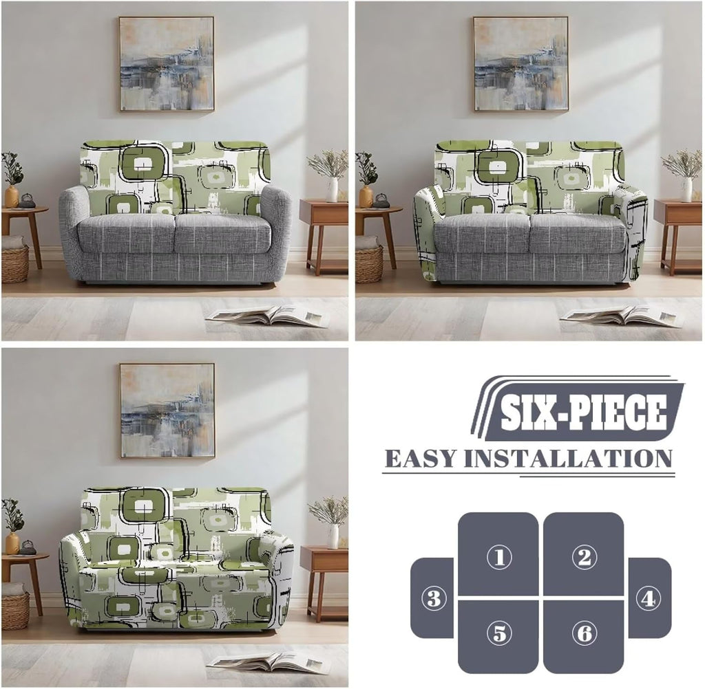 6 Pieces Stretch Recliner Loveseat Covers, Mid-Century Modern Geometric Washable Slipcovers Soft Furniture Protectors with Elastic Bottom for Kids and Pets 2 Seater
