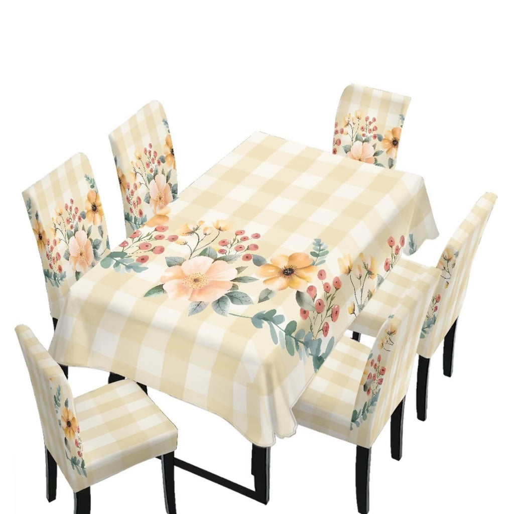Blue Floral Rectangular Table Cloth & Dining Chair Covers Set of 5, Stain Resistant Wipeable Chair Protectors for Farmhouse Rustic Home Kitchen Party Decor
