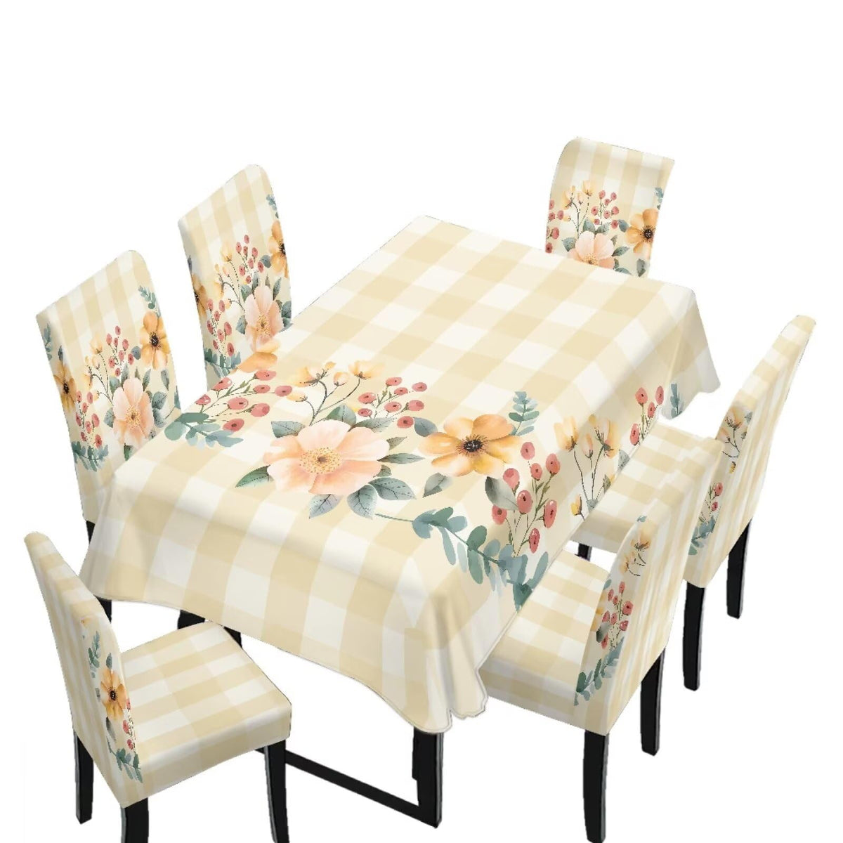 Blue Floral Rectangular Table Cloth & Dining Chair Covers Set of 5, Stain Resistant Wipeable Chair Protectors for Farmhouse Rustic Home Kitchen Party Decor