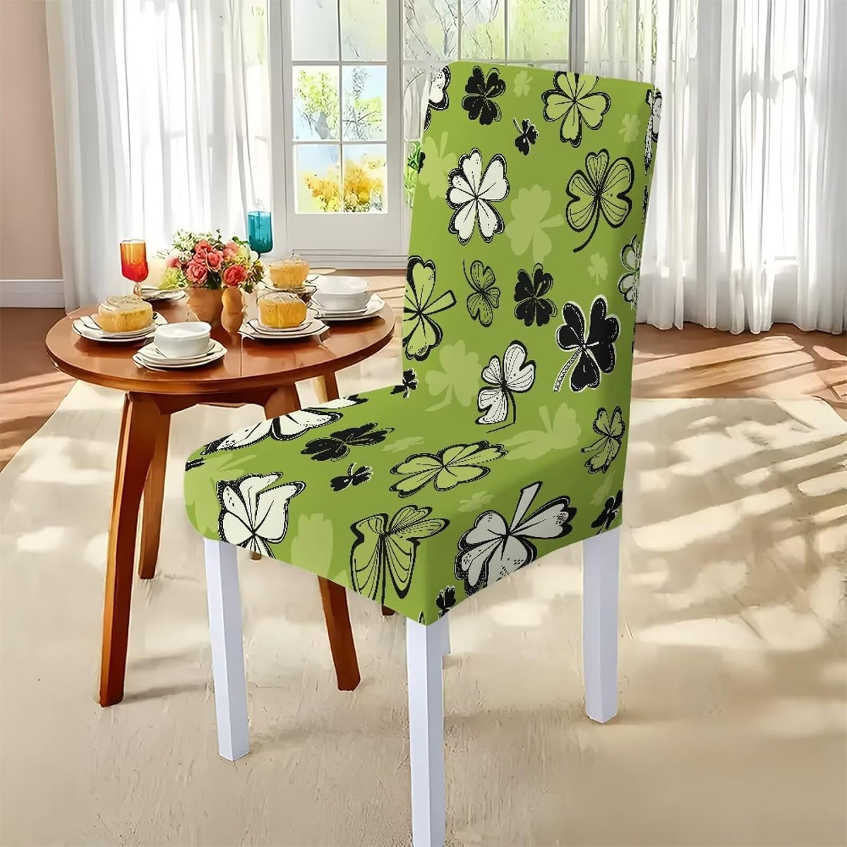 ZDCUSTOM St Patricks Day Table Cloth and Chair Cover Set of 4 Light Green Tablecloths Rectangular Clover Chair Covers for Dining Chairs Stain Resistant Decoration