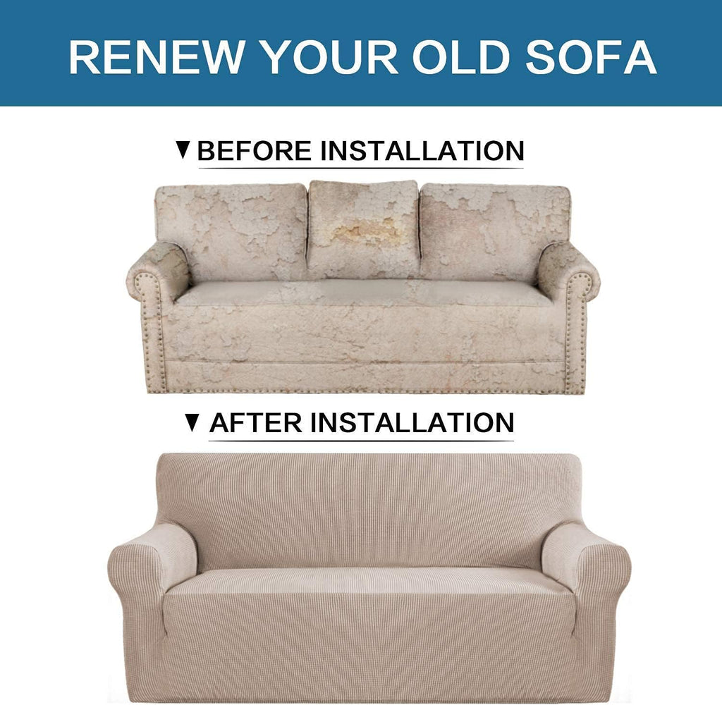 H.VERSAILTEX Stretch Loveseat Cover Bundles Sofa Slipcover, Furniture Protector, Plaid Pattern, Removable and Washable, Sand