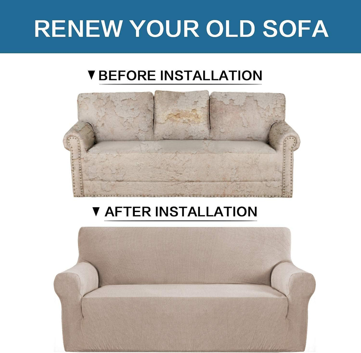 H.VERSAILTEX Stretch Loveseat Cover Bundles Sofa Slipcover, Furniture Protector, Plaid Pattern, Removable and Washable, Sand