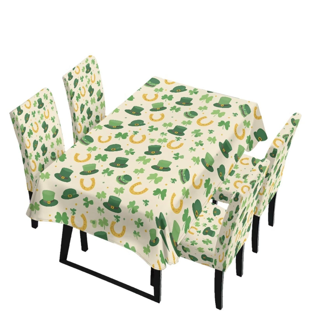 Table Cloth Rectangle Table Set of 7 Include Dining Chair Covers and Tablecloths for Dining Room Kitchen Banquet, Anti-Scratch Chair Seat Cover, Fluid Marble Print Green Gold Brown