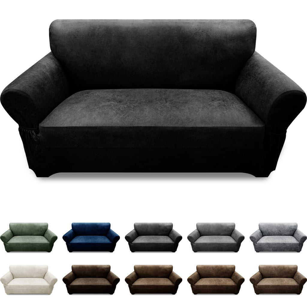 3-Pieces T Cushion Loveseat Slipcovers Leather Look Couch Cover Loveseat Covers for 2 Cushion Couch Furniture Protector Stretch Sofa Cover with 2 Individual T Cushion Seat Covers, Brown
