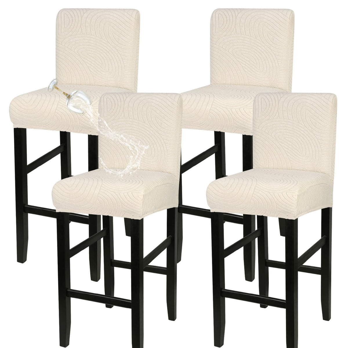 SearchI Bar Stool Covers Set of 4, Stretch Washable Barstool Seat Covers, Counter Height Chair Covers for Kitchen Dining Room Cafe (Beige Linen-Look Print)