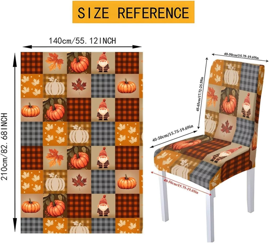 Fall Pumpkin Rectangular Table Cloth & Dining Chair Covers Set of 7, Stain Resistant Wipeable Chair Protectors for Farmhouse Rustic Home Kitchen Party Decor