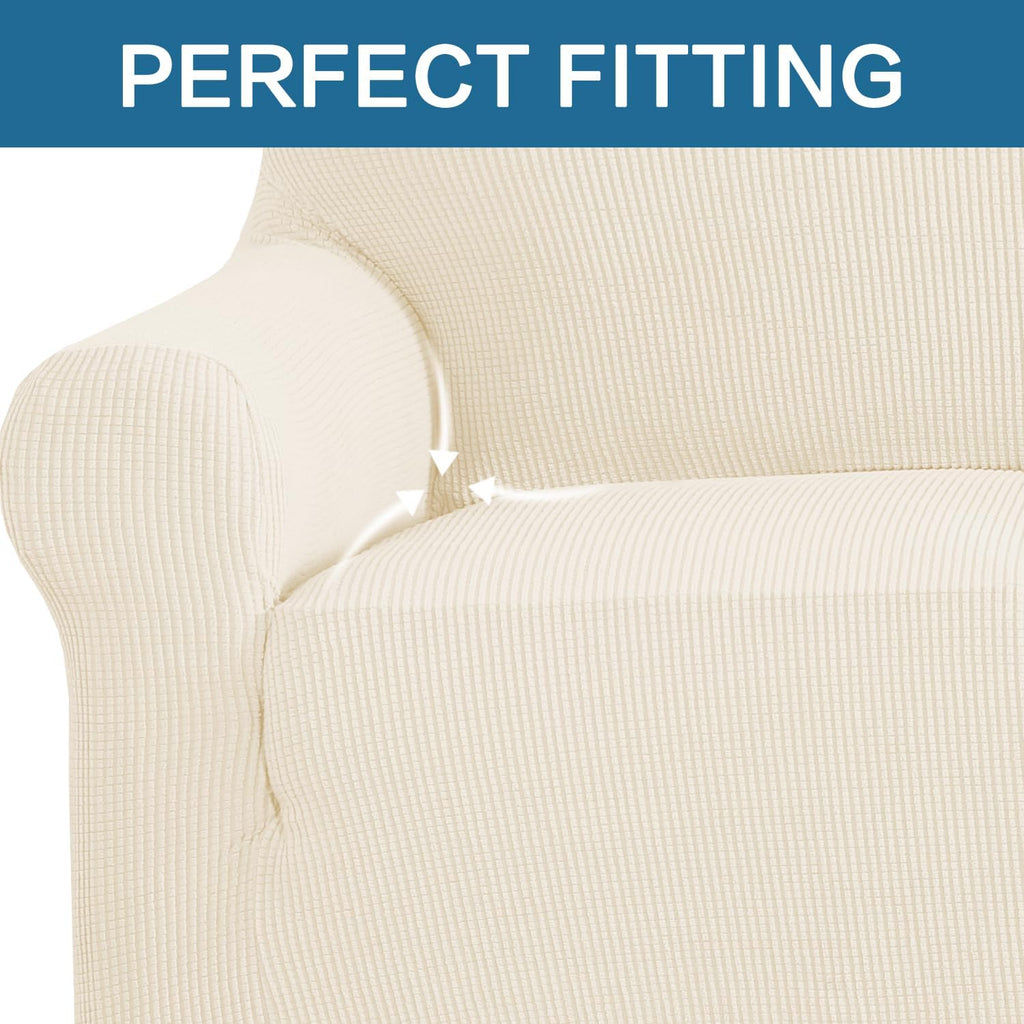 H.VERSAILTEX Stretch Couch Cover Loveseat Covers for 2 Cushion Couch Sofa Slipcover for Love Seat 1 Piece with Elastic Bottom, Checked Jacquard Fabric, Loveseat 58"-70" Wide, Butter Cream