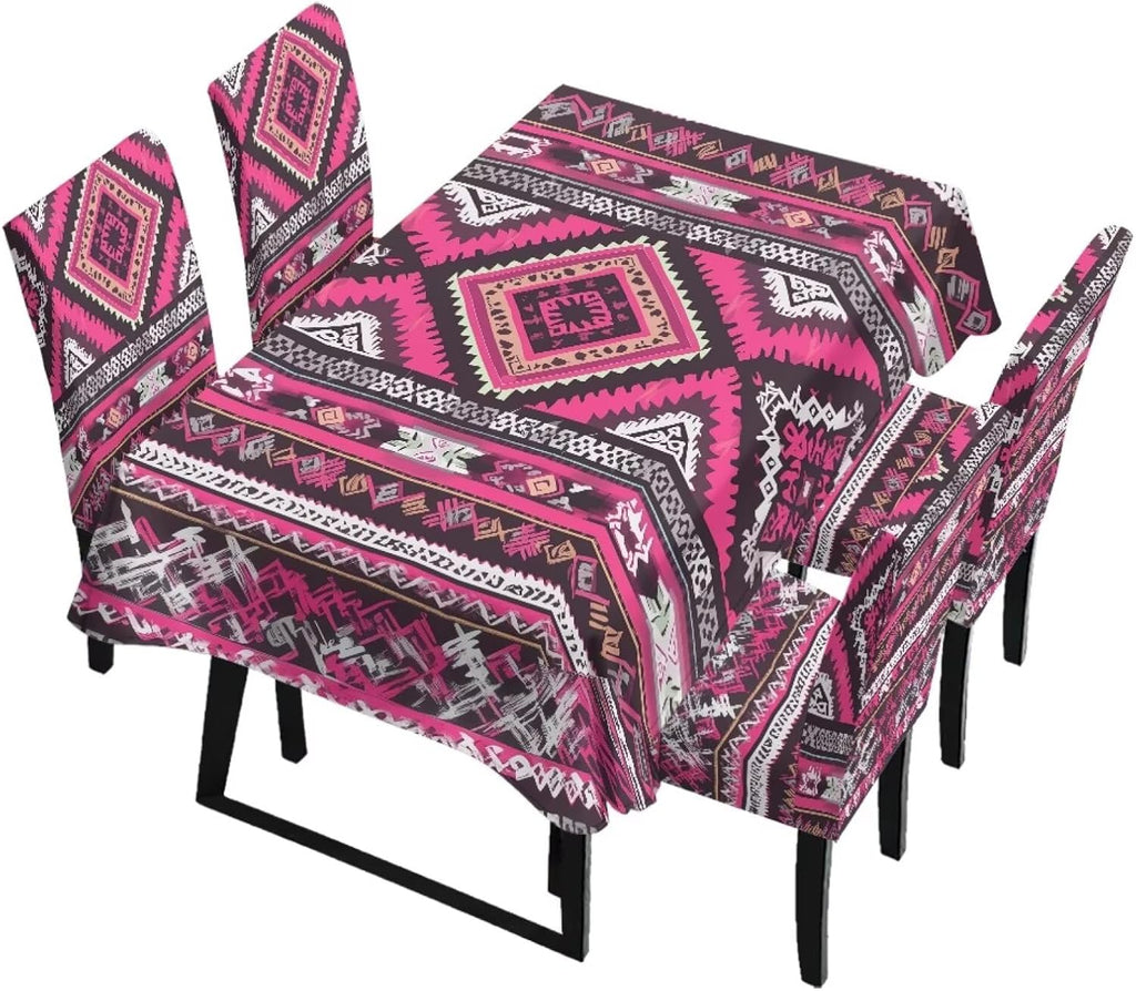 Polynesia Dining Room Chair Cover with Tablecloths 5 Pack, Scratch-Resistant Washable Parsons Chair Slipcovers Removable Table Cloth for Kitchen, Plumeria Floral Monstera Leaf Print Blue