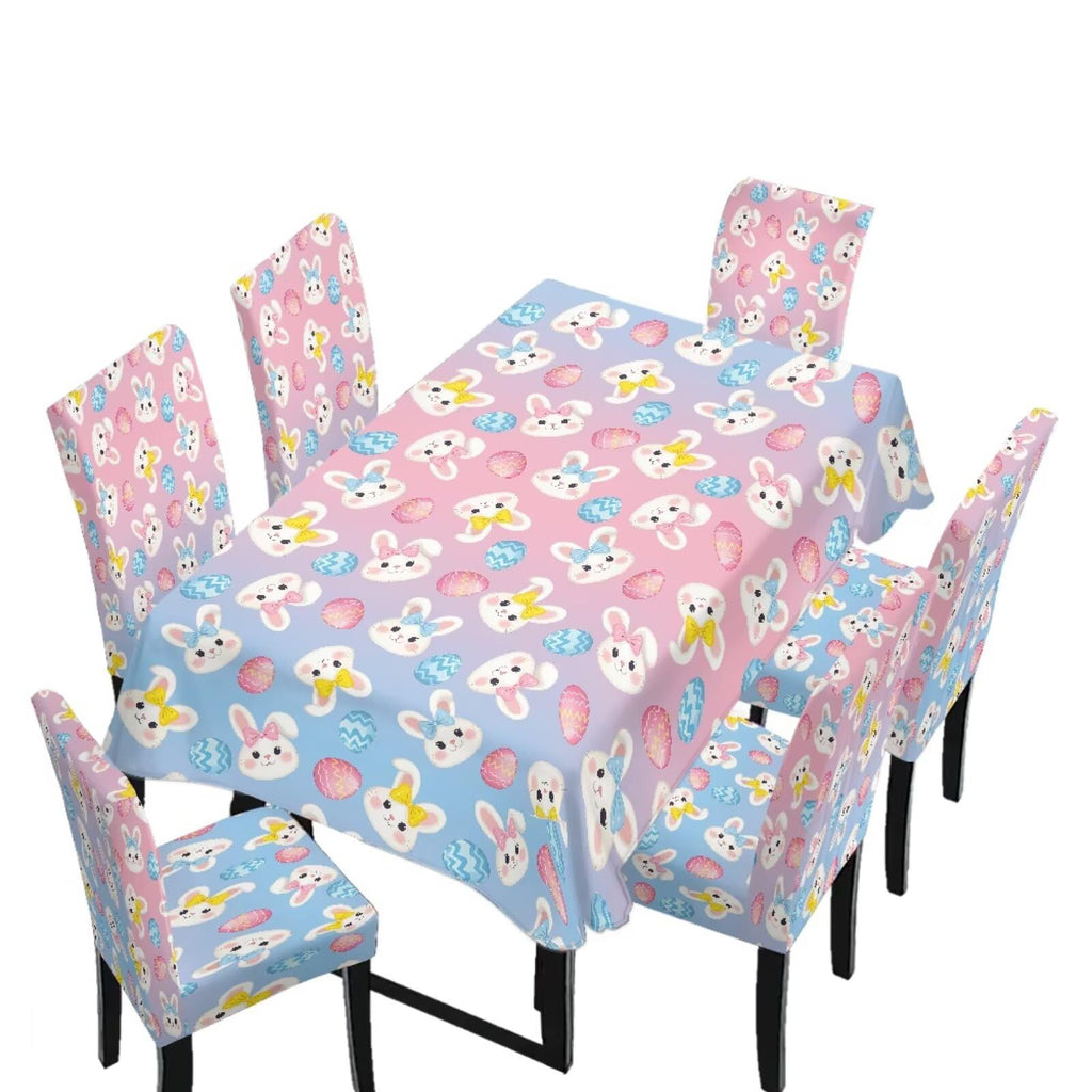 Table Cloth Rectangle Table Set of 5 Include Kitchen Chair Covers and Tablecloths for Dining Room Easter Decor, Anti-Scratch Chair Seat Protector Cover, Blue Cartoon Rabbit Carrot Dot