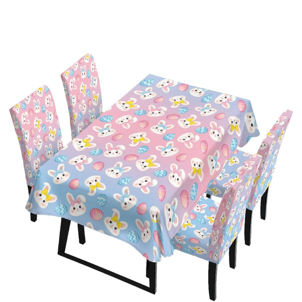 Table Cloth Rectangle Table Set of 5 Include Kitchen Chair Covers and Tablecloths for Dining Room Easter Decor, Anti-Scratch Chair Seat Protector Cover, Blue Cartoon Rabbit Carrot Dot