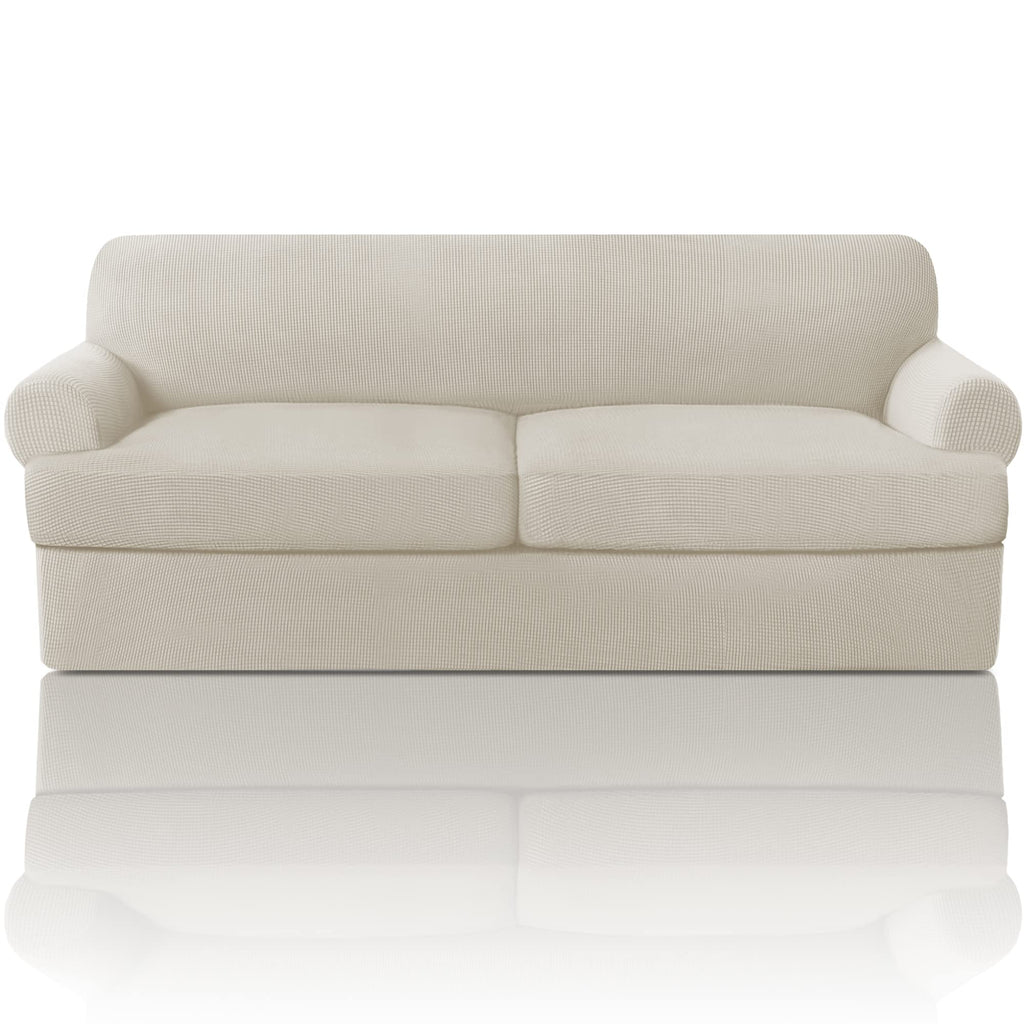 PrinceDeco T Cushion Loveseat Slipcover - 3 Pieces Sofa Cover for 2 Cushion Couch with 2 Individual T Shape Seat Covers Width Up to 76 Inch - Stretch, Machine Washable, Porcelain
