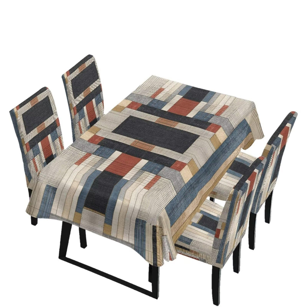 Dining Seat Slipcovers Set of 7 Includes Tablecloths, Removable Dining Room Chair Covers Stain Resistant Table Protector for Home Restaurant, Light Brown Beige Geometry Patchwork