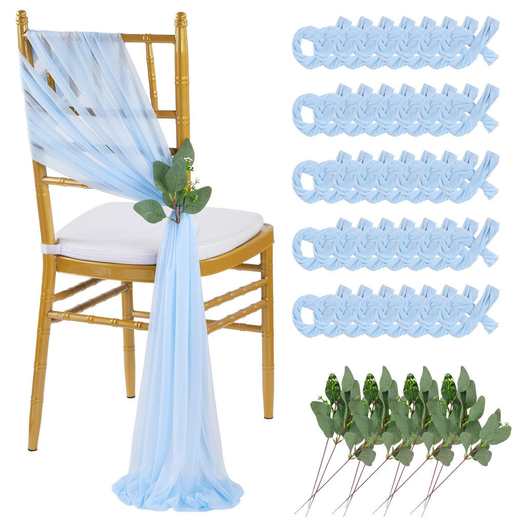 QueenDream White Chair Sashes Wedding Aisle Decorations: 24 Packs 8ft Long Draping Fabric Sheer Church Chair Cover Bulk for Party Banquet